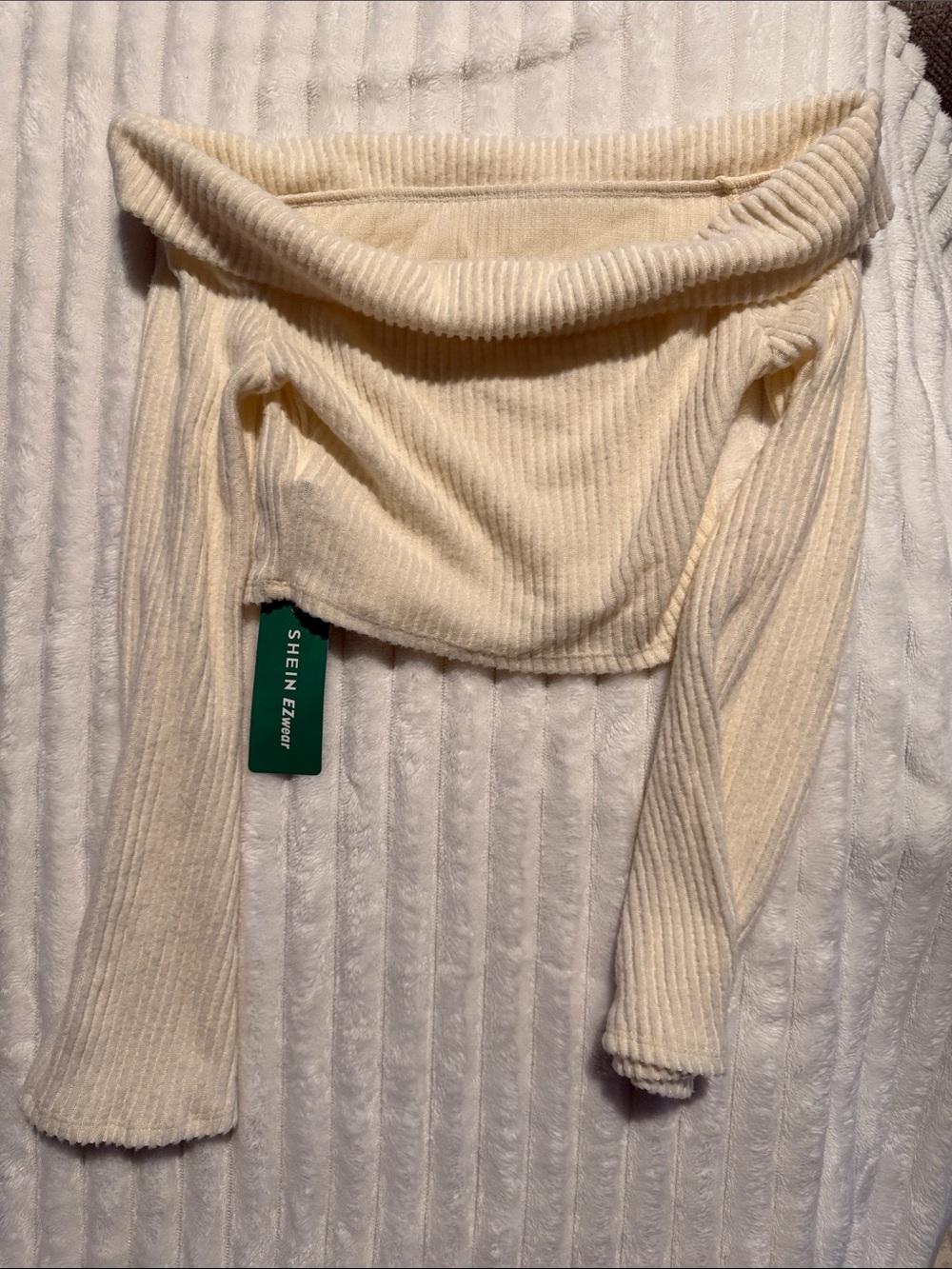 SHEIN Cream Off-Shoulder Ribbed Knit Top